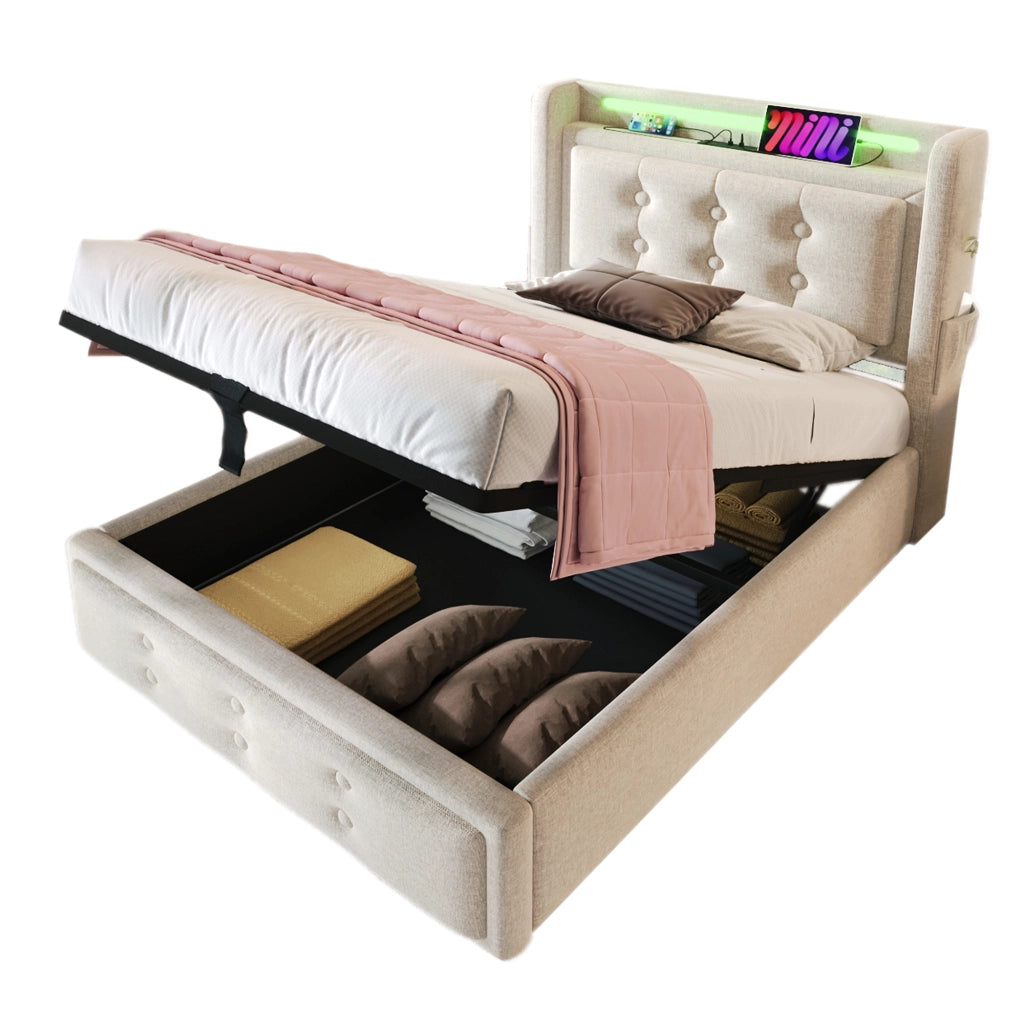 Letto Contenitore Letto Singolo 90×200 cm con USB; USB-C e LED; senza Materasso; Beige