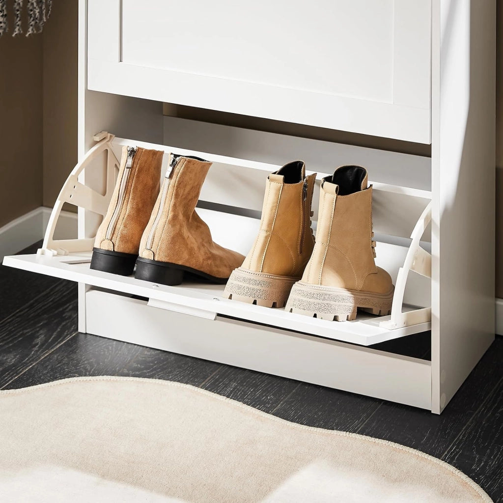 Scarpiera Salvaspazio Slim Scarpiera Ingresso a 2 Ribalte - Design Compatto Moderno + Capacità 12 Paia + Adatta a Corridoi Stretti - Bianco 60x25x80cm FSR137-W