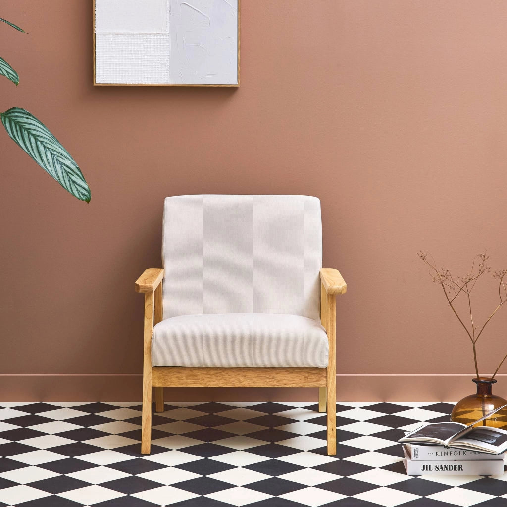Poltrona scandinava in legno e velluto a coste, crema