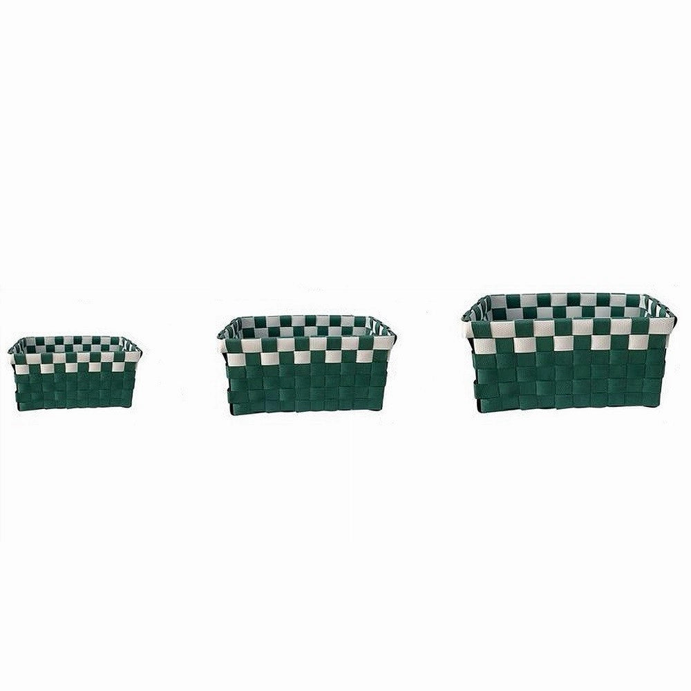 Trade Shop - Set 3 Cestini Portaoggetti Organizer Tessuto Bagno Rettangolari Verde Bianco 59084 -