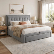 Letto imbottito 140x190 cm in velluto grigio con testiera regolabile e contenitore
