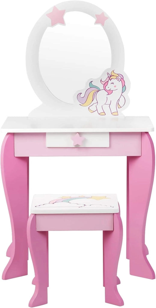 Set di Specchiera e Sgabello per Bambini, Tavolo da Trucco Giocattolo in Legno con Cassetto, Ideale Regalo per Ragazze di 3-7 Anni, con Portata di 15kg, 49x35,5x89cm (Rosa)