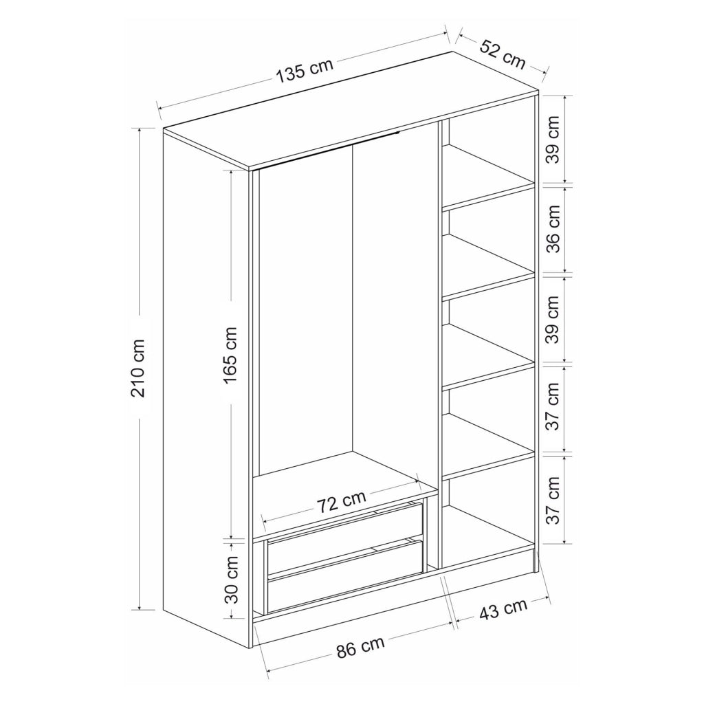 Armadio Camera da Letto Gerrei, Guardaroba 3 Ante Appendiabiti, 135x52 cm Bianco