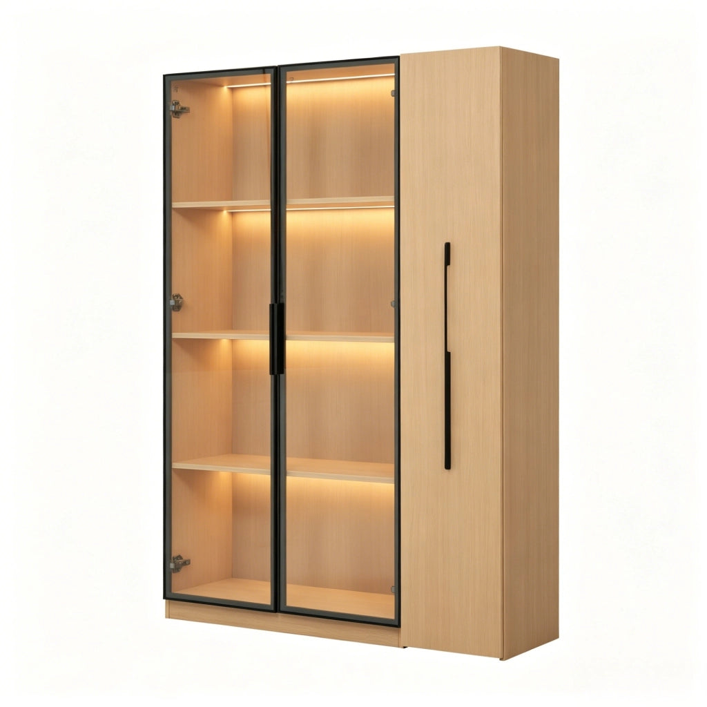 Libreria vetrina con LED e ripiano laterale estraibile, per soggiorno e ufficio, in MDF, rovere, 110,5 × 35 × 160 cm