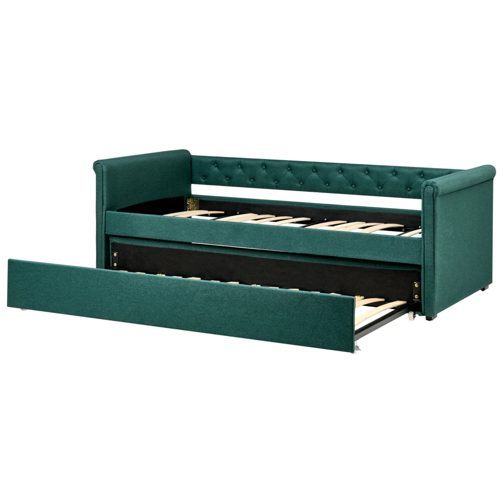 Divano Letto estraibile 90 x 200 cm Rivestimento in tessuto verde Misura singola sottoletto per ospiti abbottonato