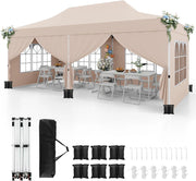 Gazebo da Giardino 3 x 6 m, Tendone per Feste con 6 Pannelli Laterali Rimovibili, con Borsa da Trasporto, Design Pop-up, per Matrimonio Eventi e Barbecue (Beige)