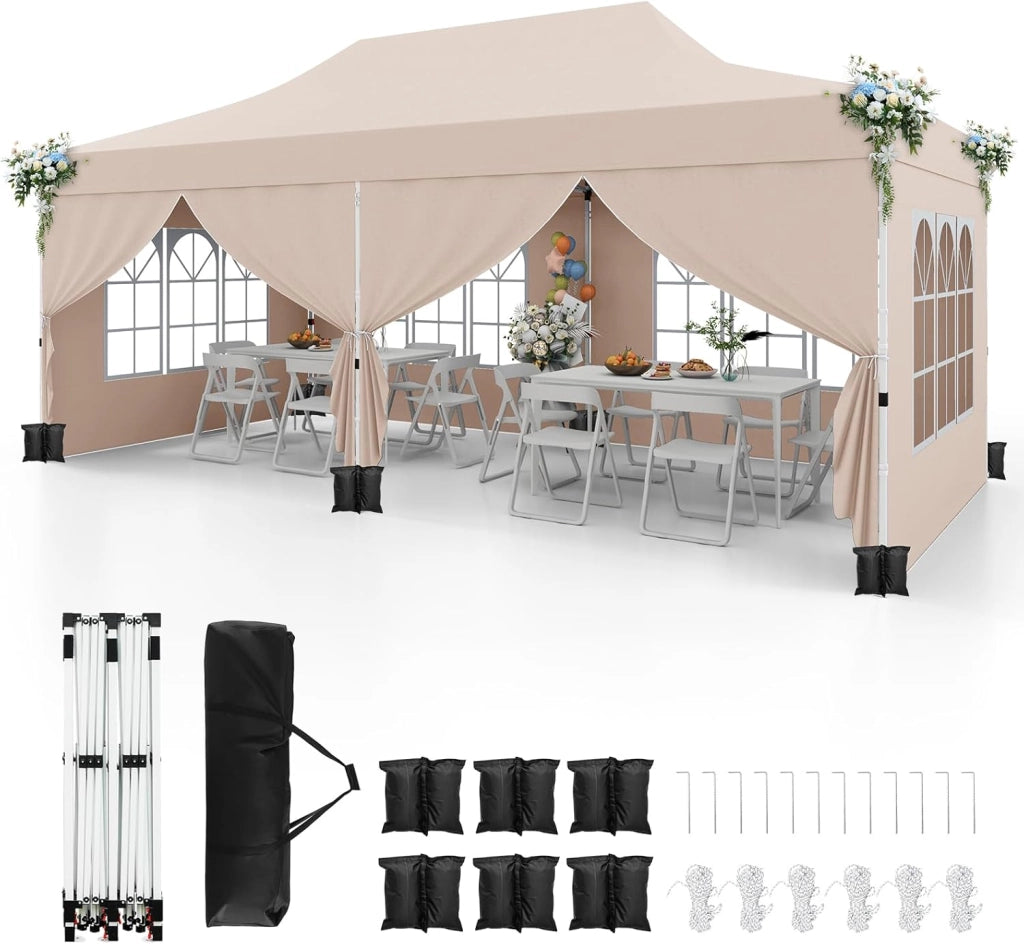Gazebo da Giardino 3 x 6 m, Tendone per Feste con 6 Pannelli Laterali Rimovibili, con Borsa da Trasporto, Design Pop-up, per Matrimonio Eventi e Barbecue (Beige)