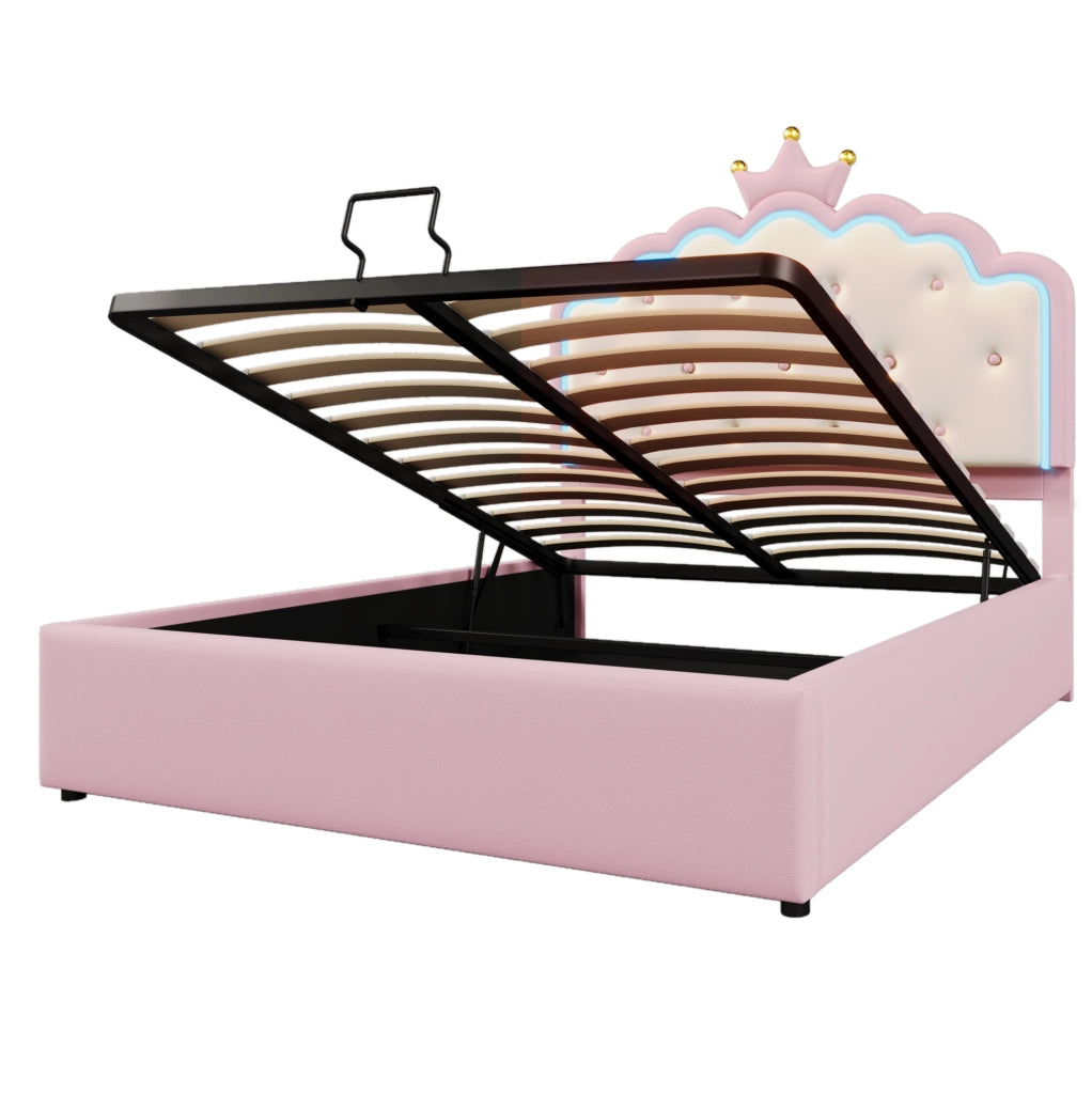 Letto imbottito 140x200 cm con luce LED e vano contenitore; PU rosa (Senza materasso)
