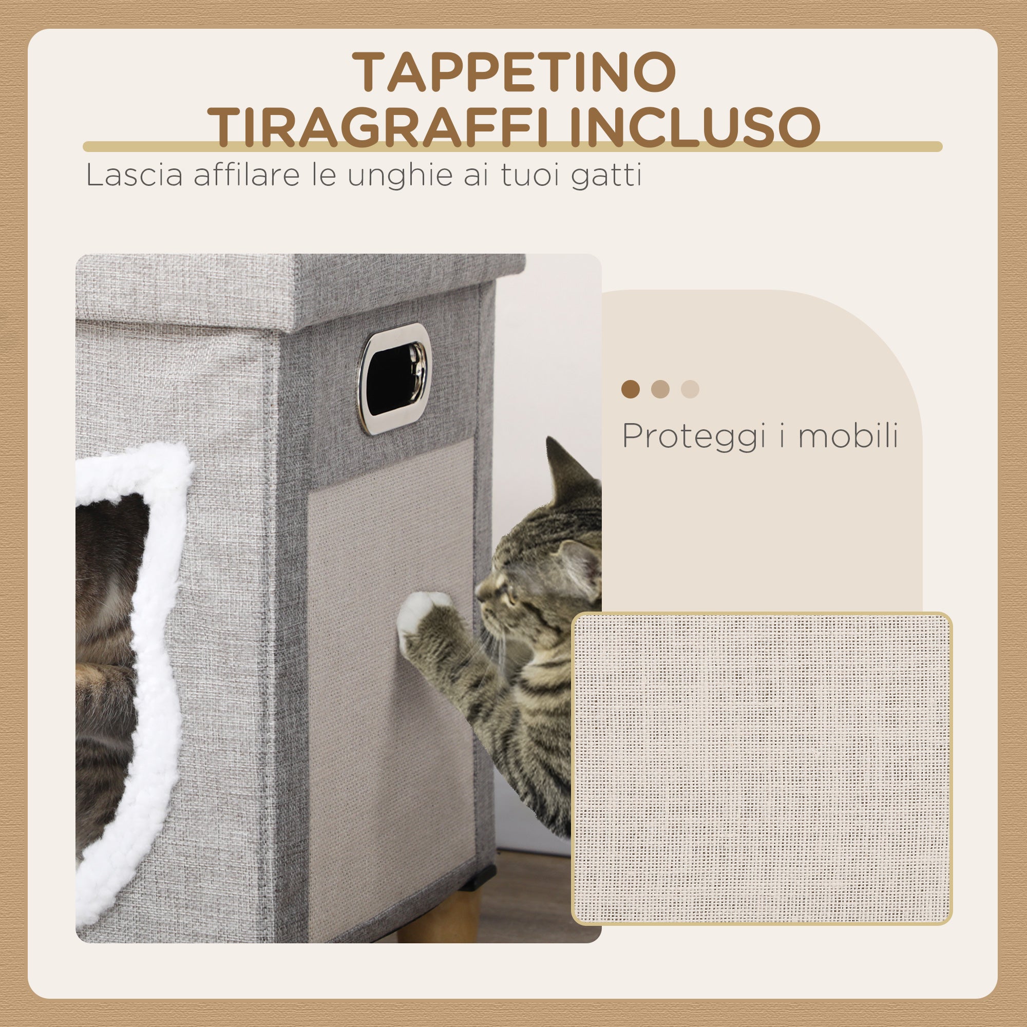 Cuccia a Casetta per Gatti 35,5x35,5x42,5 cm con Tiragraffi in MDF e Poliestere Crema e Grigio
