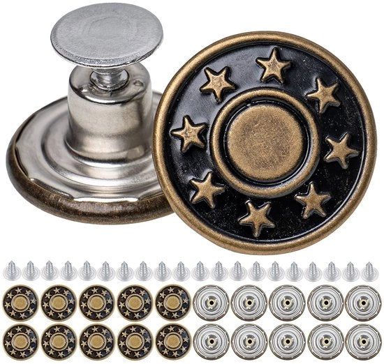 Viti di sostituzione per jeans, Ø 20 mm, viti di metallo per jeans, 20 pezzi, colore bronzo, viti per jeans con viti a chiodo, viti per jeans da assemblare con martello, viti di metallo per jeans, viti per jeans per allargare la vita.