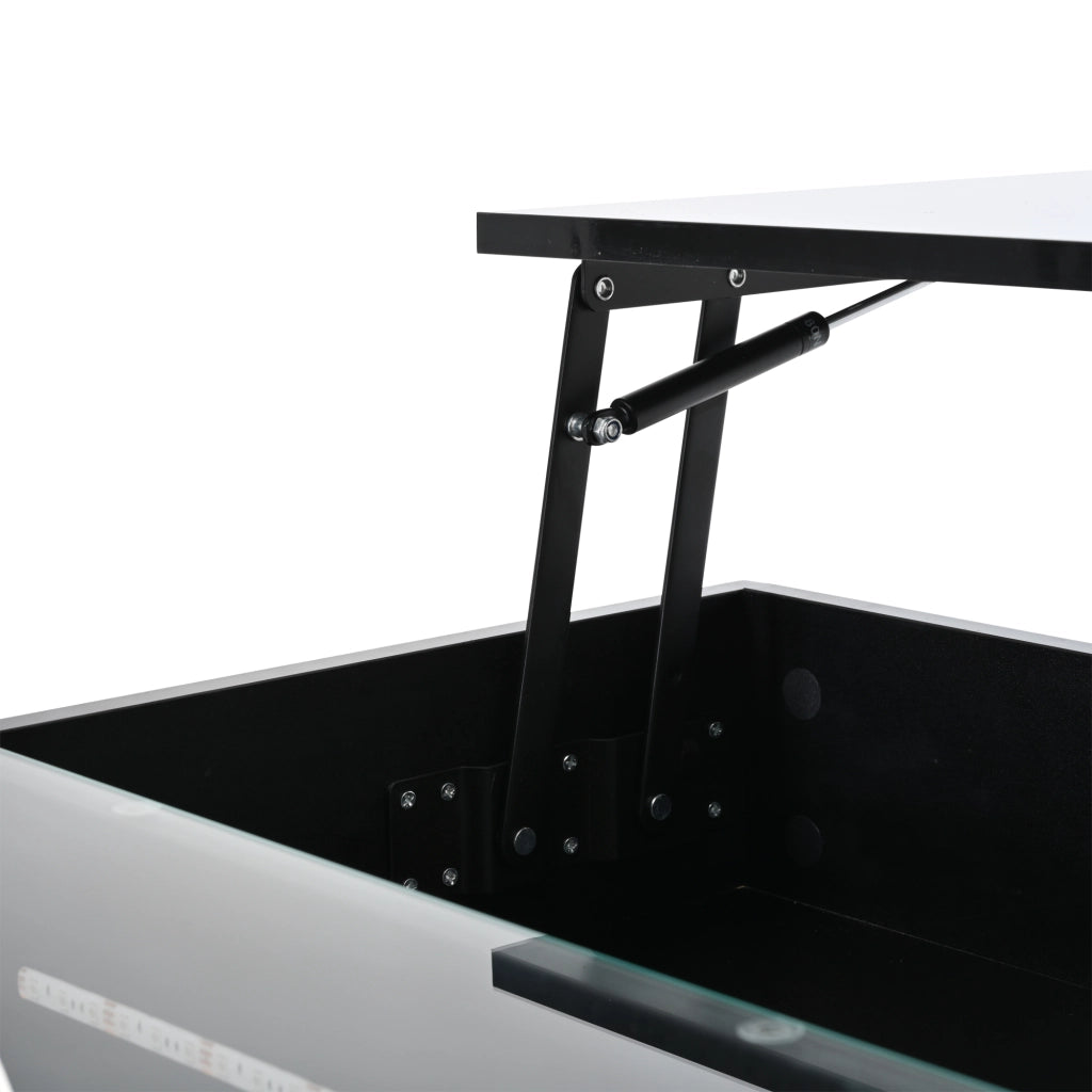 Tavolino da caffè 80x80x45 cm; alzabile con vano nascosto e LED; pannello truciolare e vetro temperato nero
