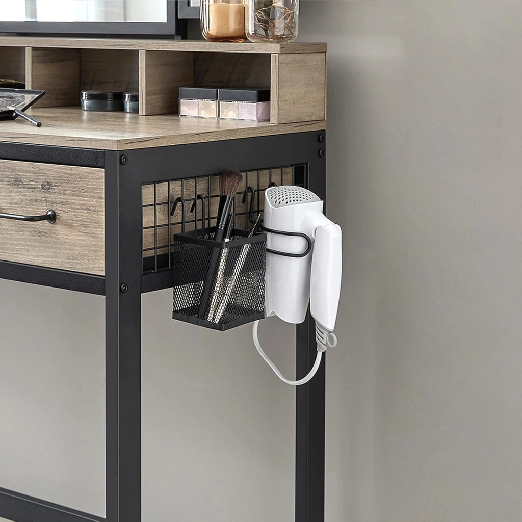VASAGLE Tavolo da toilette con specchio pieghevole in 3 pezzi, supporto per asciugacapelli, tavolo cosmetico con sgabello imbottito, 3 cassetti, design industriale, Greige e nero RVT004B02
