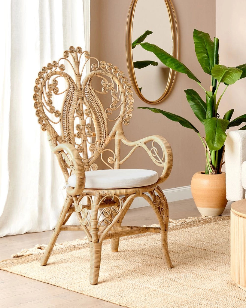 Sedia peacock poltrona in rattan beige cuscino cotone per sedile giardino esterno interno boho