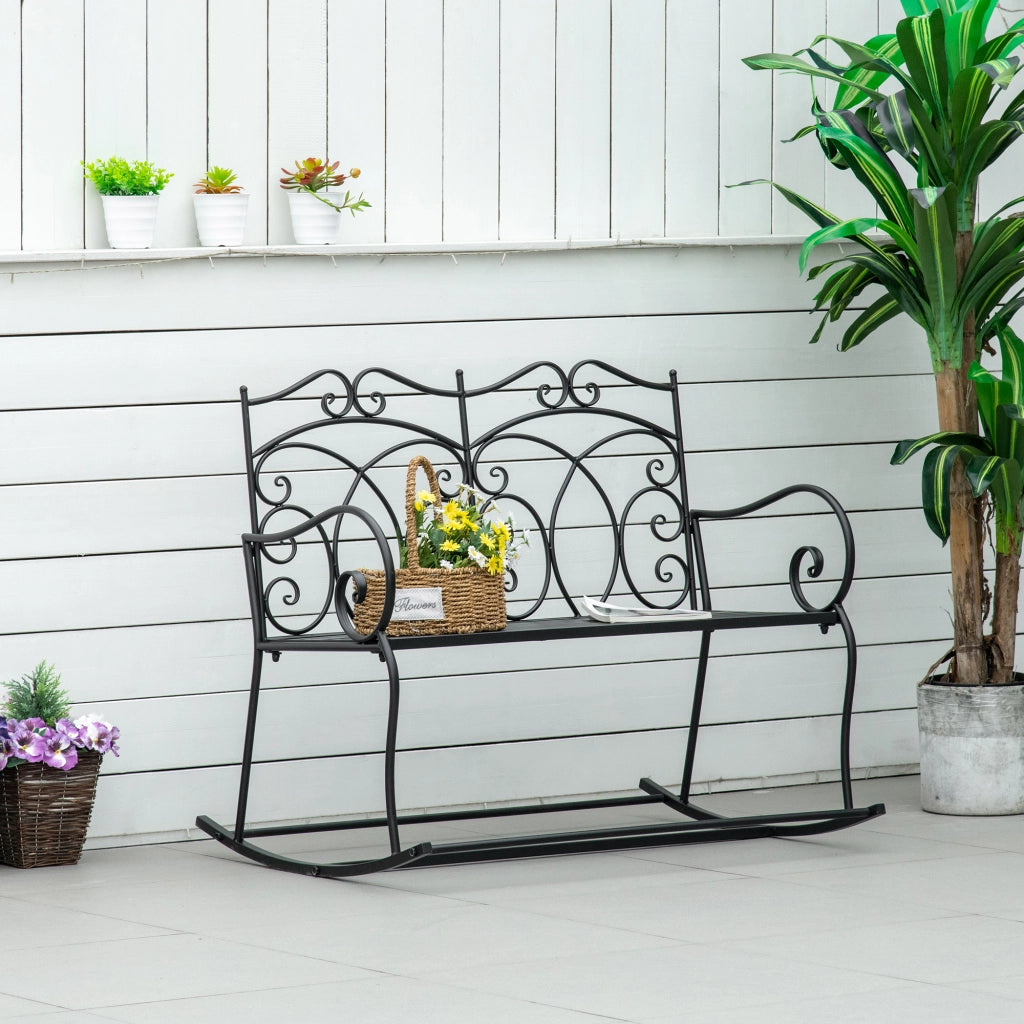 Easycomfort Sedia a Dondolo a 2 Posti in Metallo Elegante con Schienale Decorato da Esterni 103x74.5x88 cm Nera