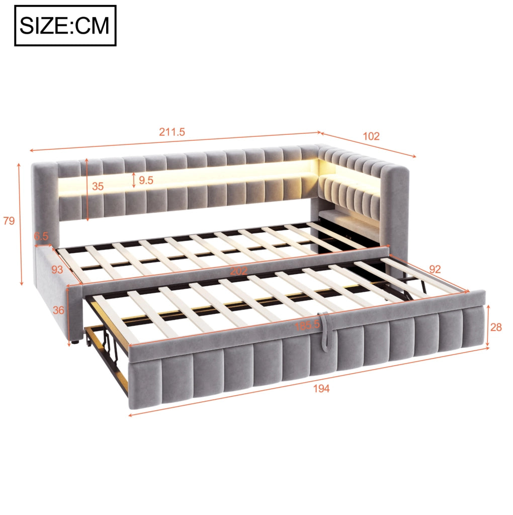 Sof脿 letto estraibile imbottito 90x200 cm in velluto grigio chiaro con LED; USB e Type-C