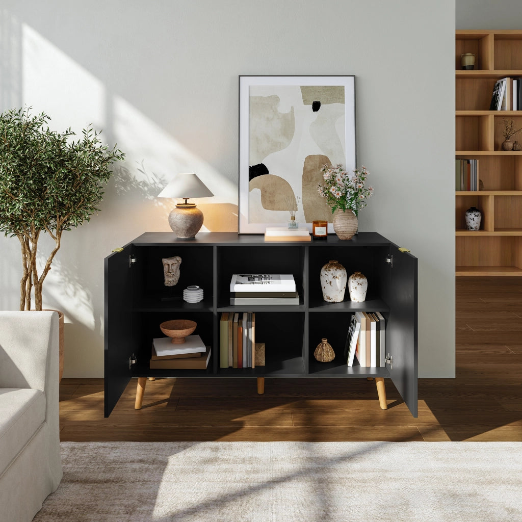 Credenza Nand Madia con 2 Ante Scanalate 120x40x76 cm Nero [en.casa]