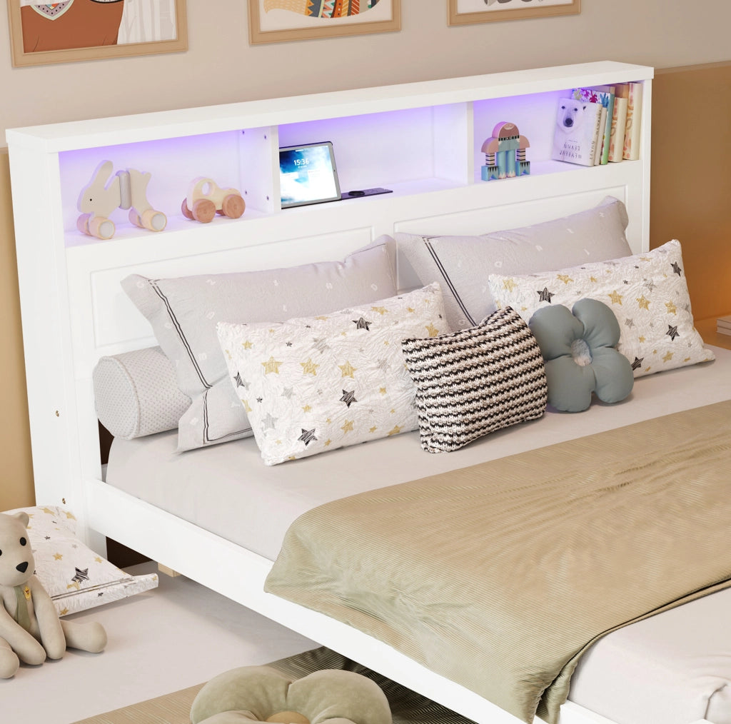 Letto multifunzione bianco con letto estraibile, LED e presa integrata