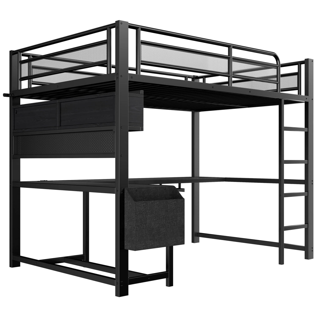 Letto a Soppalco 140x200 cm con Scrivania; Mensole; LED; USB e Prese - Nero