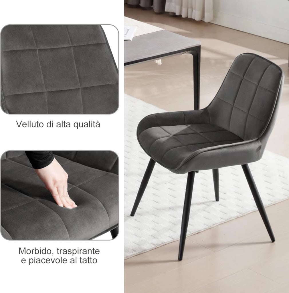Set di 2 Sedie da Pranzo con Schienale Curvo, Sedie Ergonomiche in Velluto e Metallo, Poltroncina imbottita per Salotto, Ufficio, Camera da Letto, Grigio scuro BH331dgr-2