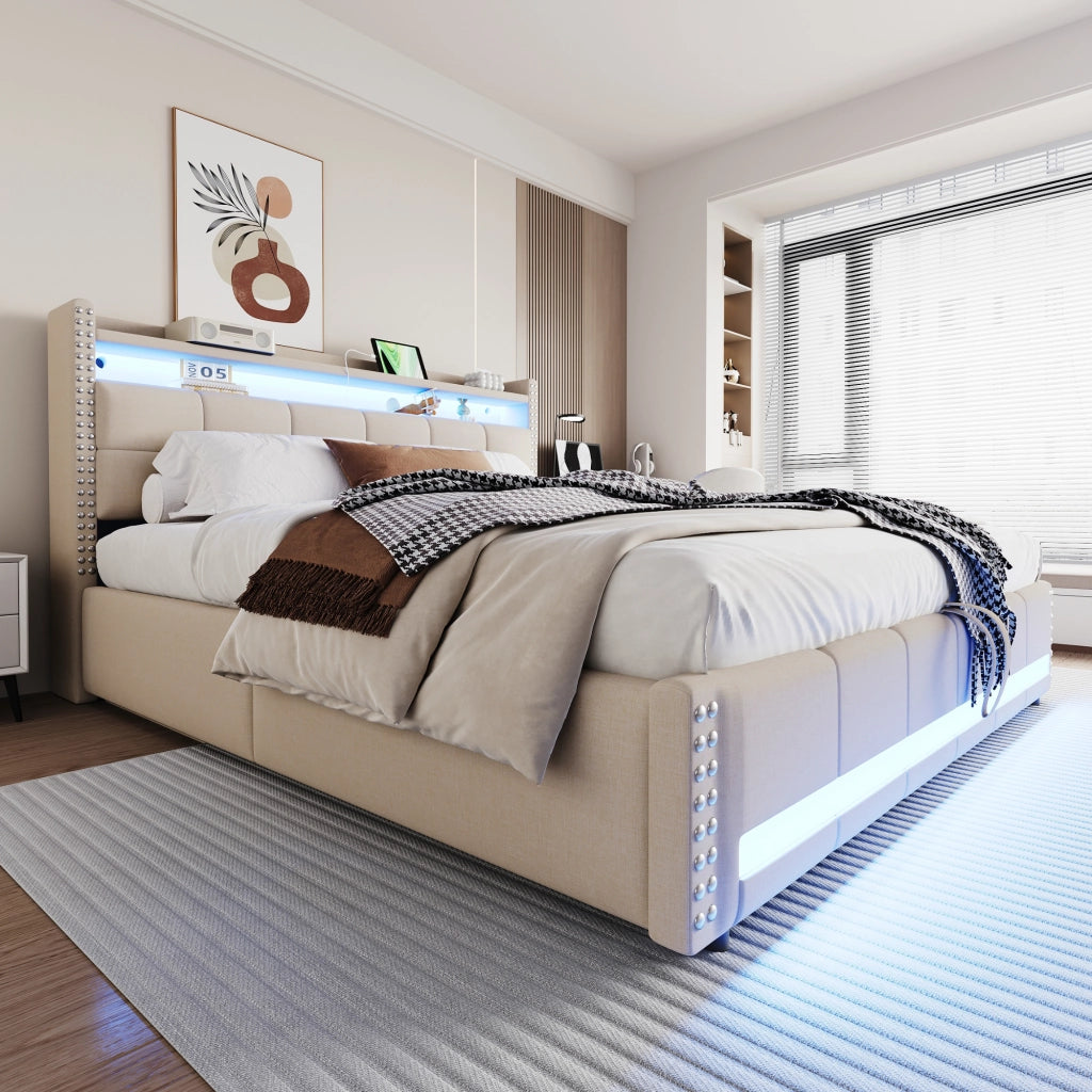 LETTO Imbottito 180x200 cm Beige con LED, USB e contenitore