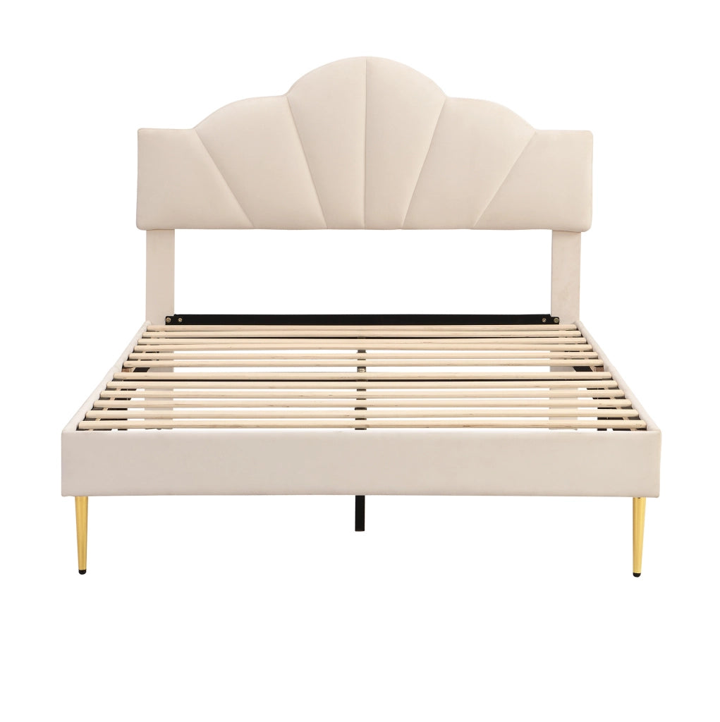 Letto matrimoniale imbottito 140x190 cm in velluto beige con testiera regolabile e rete a doghe