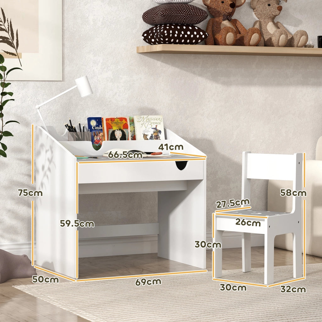 Set Sedia e Tavolino per Bambini 3-6 Anni con Organizzatore e Cassetto Estraibile. in Legno Grigio