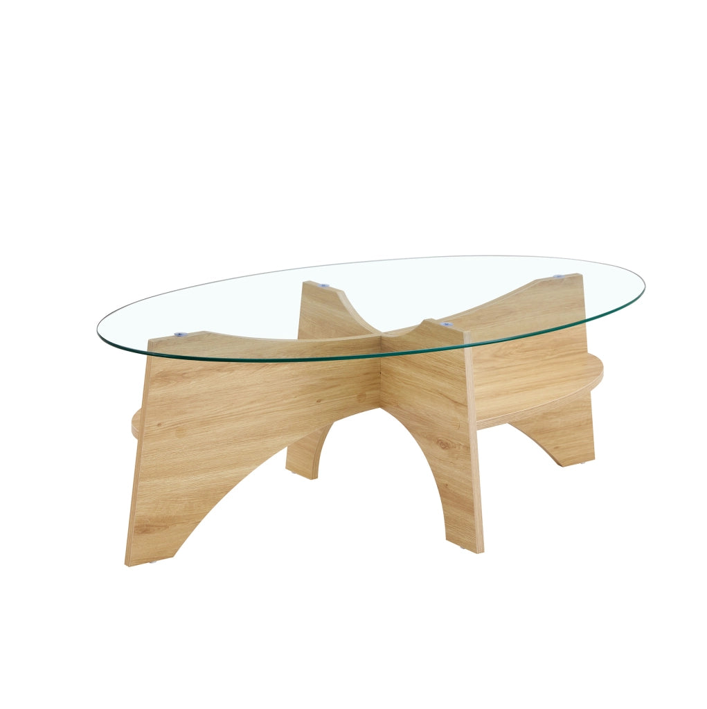 Tavolino da salotto in vetro di sicurezza con ripiano inferiore; MDF e vetro trasparente e legno