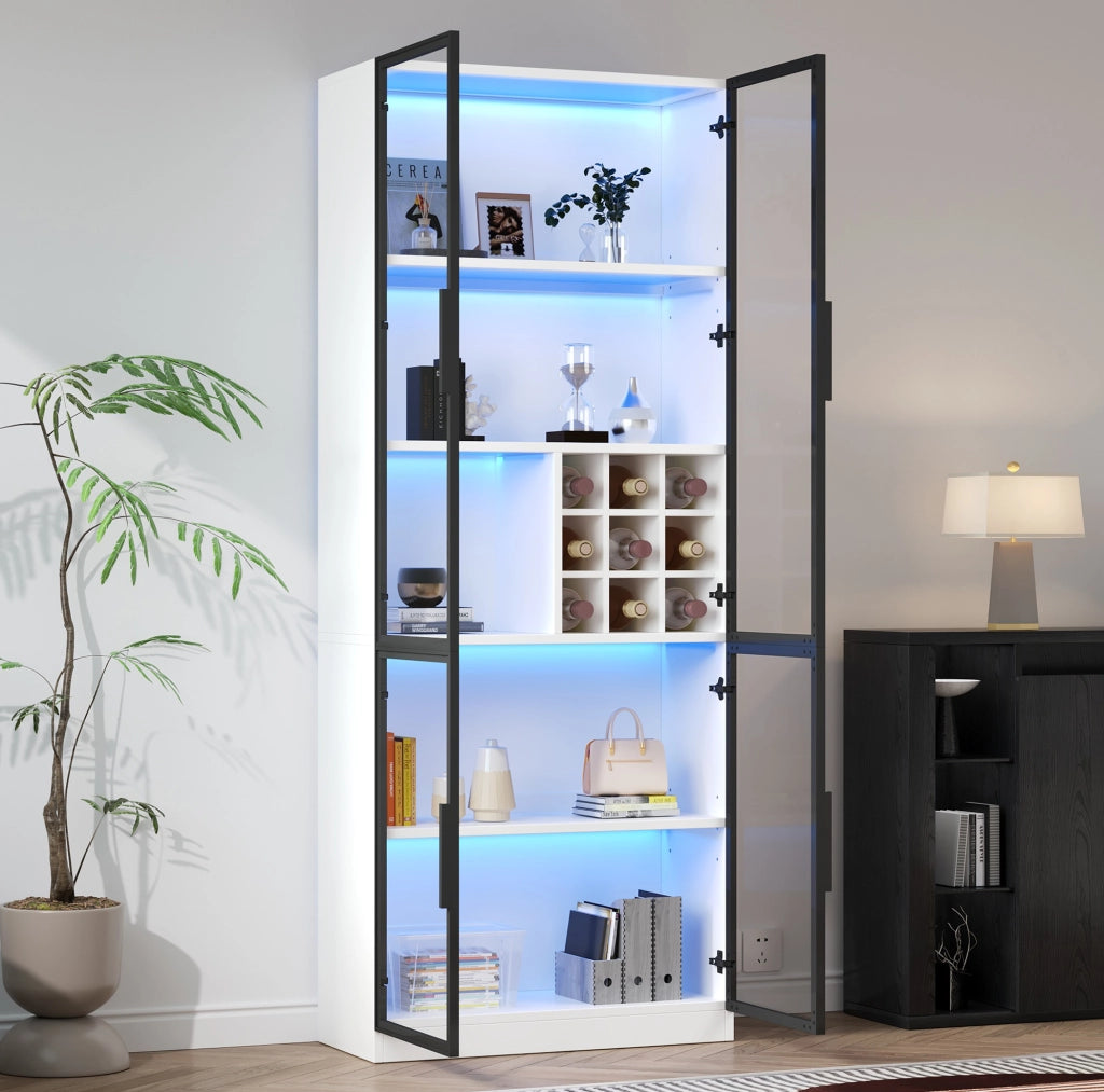 Vetrina con portabottiglie e LED 80x35x200 cm in truciolare bianco e vetro temperato