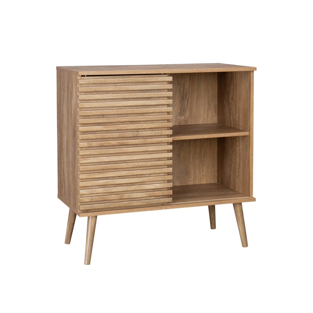 Credenza scandinava effetto legno e anta scorrevole scanalata, 80cm,