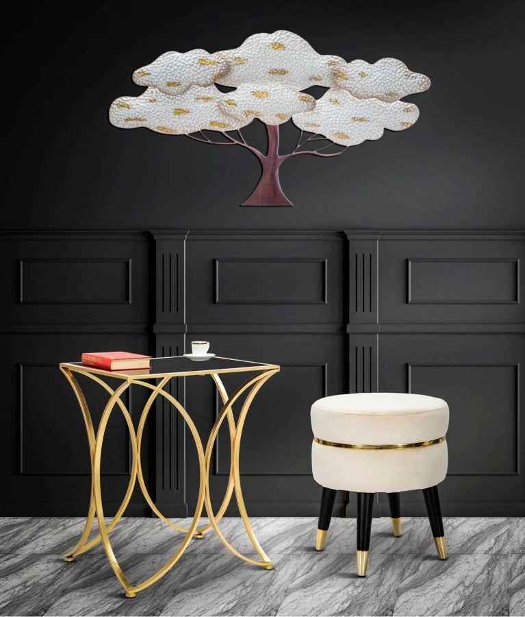 Sgabello Paris Ø35x40,5 cm in Legno Spugna Metallo e Poliestere Crema Nero e Oro
