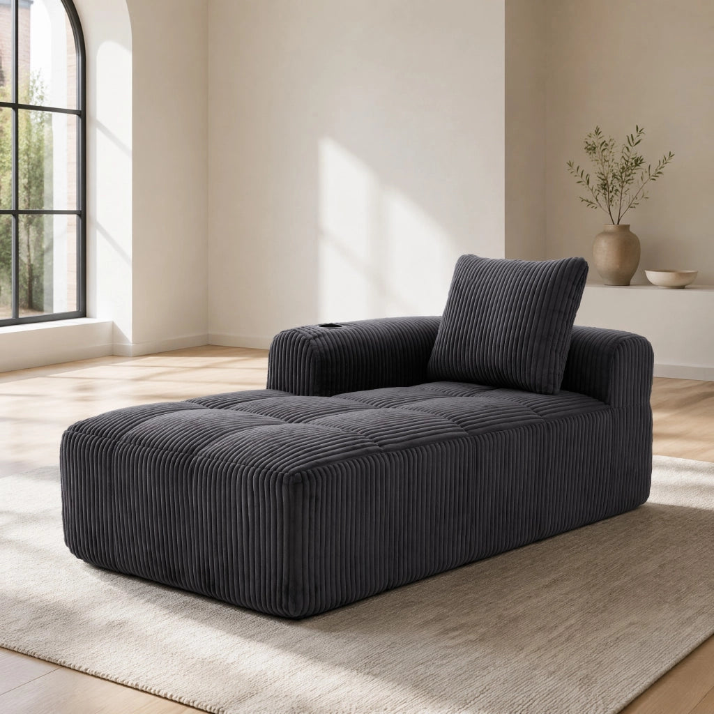 Poltrona relax con tasche laterali e portabicchieri, in tessuto a coste, Grigio scuro 158 × 93 × 61 cm