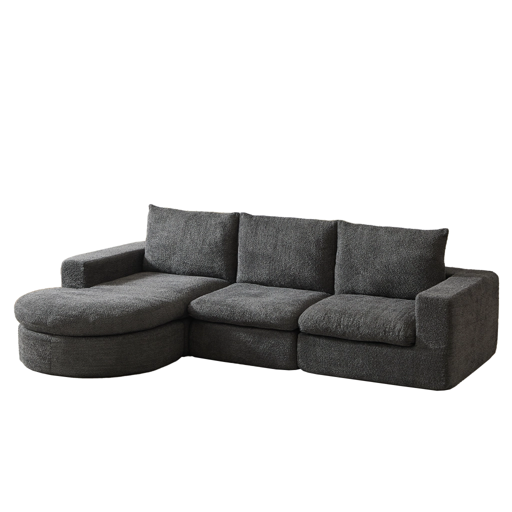 Divano modulare in ciniglia grigio con chaise longue reversibile e tre cuscini