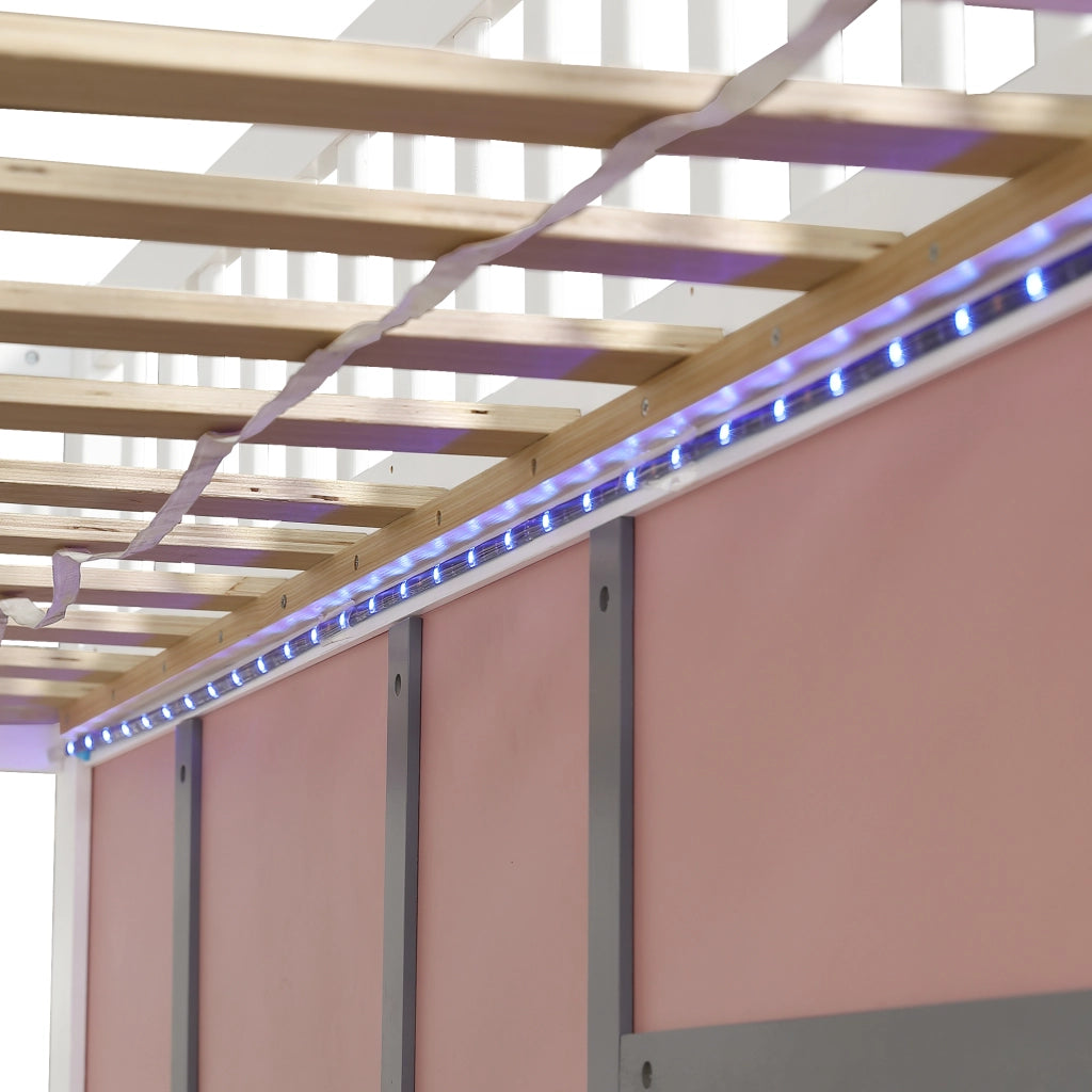 Letto a soppalco per bambini 90 × 200 cm con scala contenitore, LED, barriera di sicurezza, senza materasso, bianco rosa