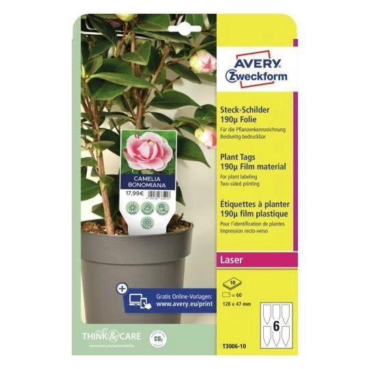 Avery T3006-10 Cartellini per Piante in Poliestere 190µ 128x47 mm 60 pezzi colore Bianco