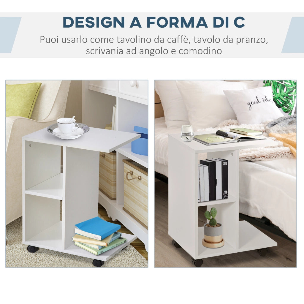 EasyComfort Tavolino da Salotto a C con 2 Ripiani Aperti e 4 Ruote Girevoli, in MDF e PE, 45x35x58 cm, Bianco