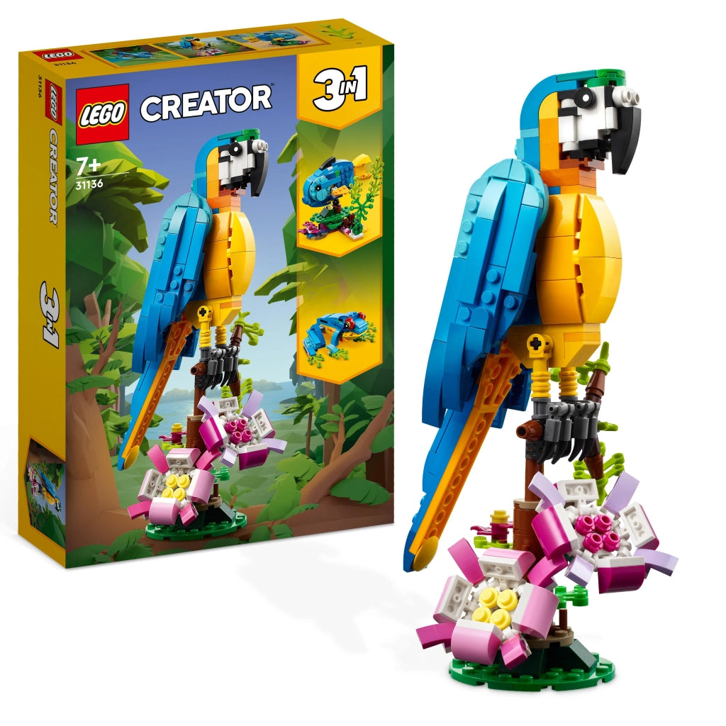 LEGO 31136 Creator Pappagallo Esotico, Set 3 in 1 con Pesce e Rana, Figure di Animali Giocattolo della Giungla, Giochi C
