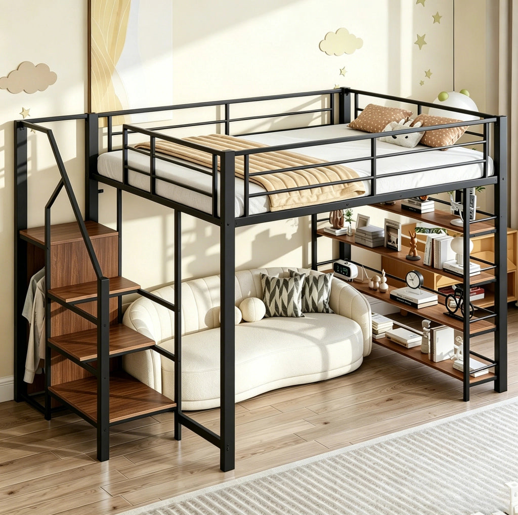 Letto a soppalco 140x200 con scala contenitore, guardaroba e ripiani