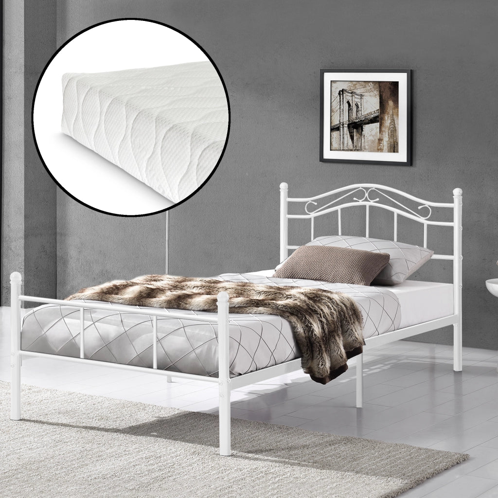 Letto Piazza e Mezza Florenz in Acciaio con Testiera Decorativa e Materasso 120 x 200 cm Bianco [en.casa]