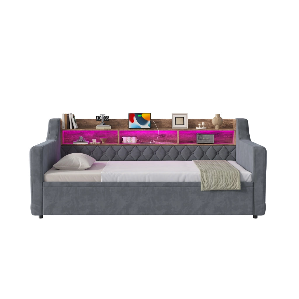 Divano letto estraibile 90x190 cm in velluto grigio scuro con LED; USB e Type-C