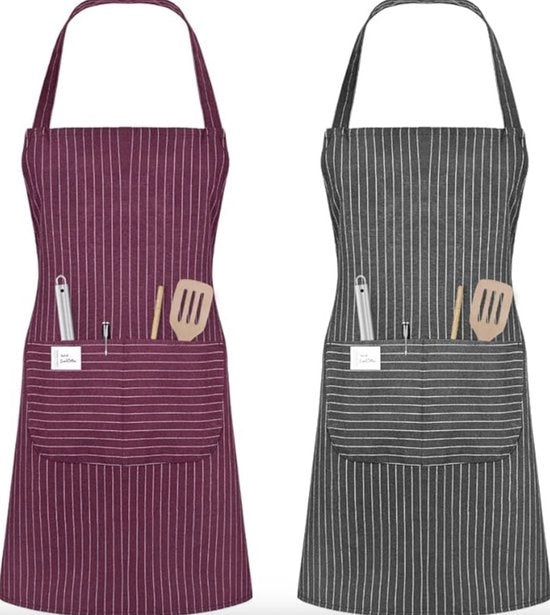 Set di 2 Grembiuli da Cucina Adattabili – Grembiule da Ristorante Unisex con 2 Tasche – Disegno a Strisce e a Rughette