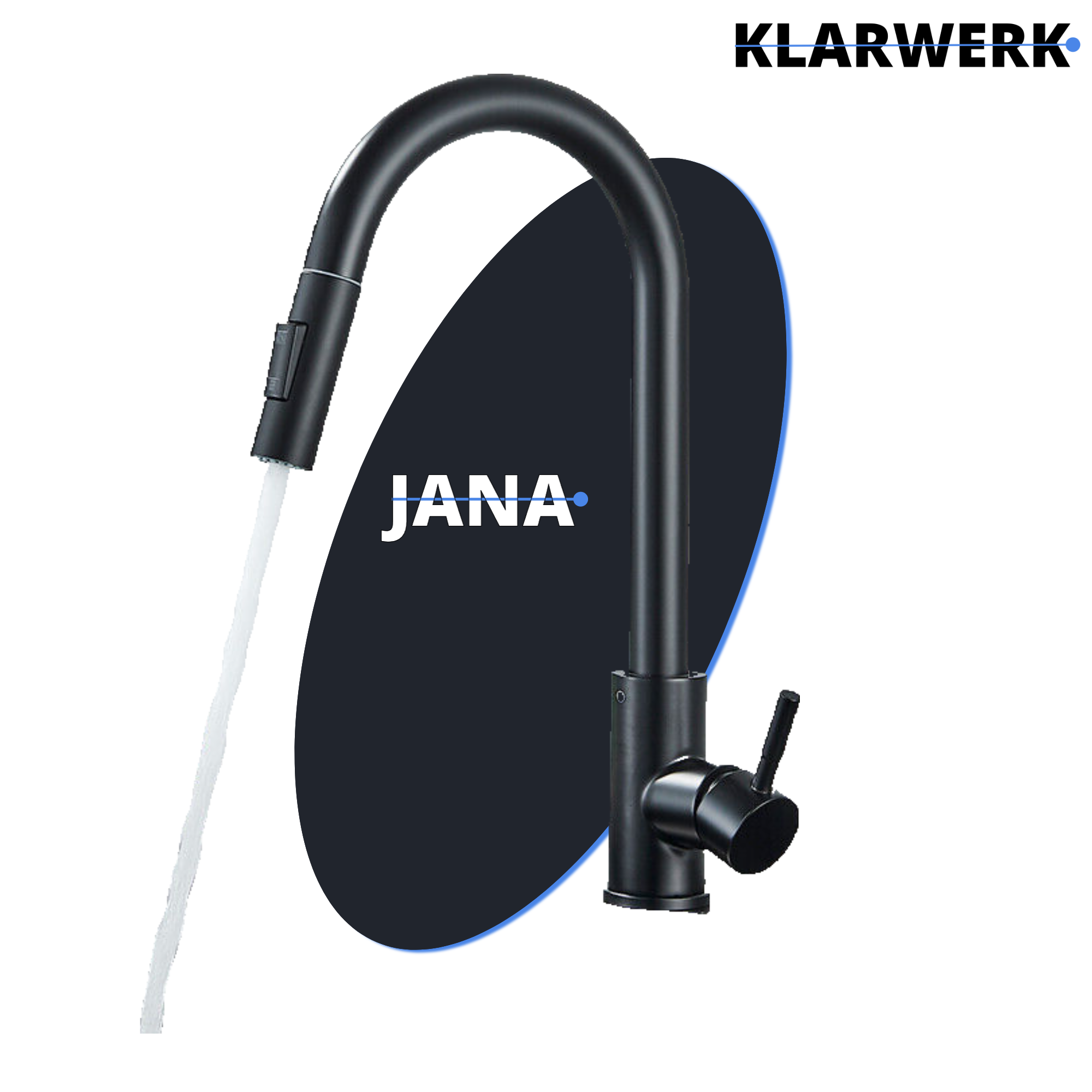 JANA | Rubinetto da cucina estraibile Premium in acciaio inox nero opaco miscelatore arco alto |gastronomia alta pressione ruotabile a 360° 2 attacchi