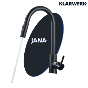 JANA | Rubinetto da cucina estraibile Premium in acciaio inox nero opaco miscelatore arco alto |gastronomia alta pressione ruotabile a 360° 2 attacchi