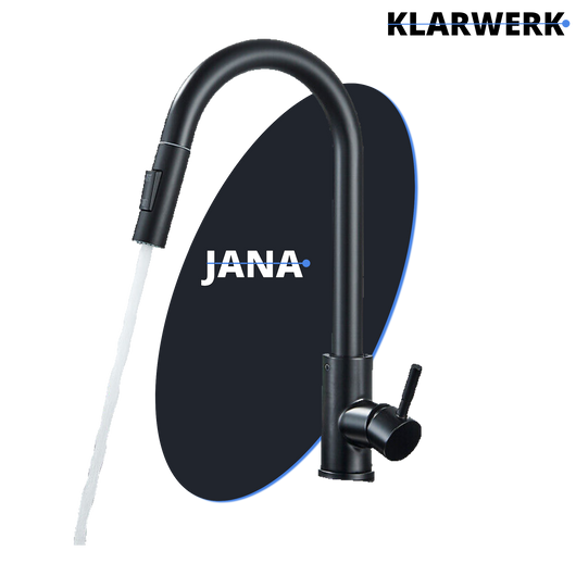 JANA | Rubinetto da cucina estraibile Premium in acciaio inox nero opaco miscelatore arco alto |gastronomia alta pressione ruotabile a 360° 2 attacchi