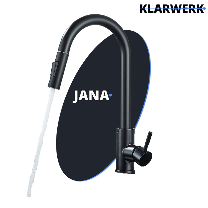JANA | Rubinetto da cucina estraibile Premium in acciaio inox nero opaco miscelatore arco alto |gastronomia alta pressione ruotabile a 360° 2 attacchi