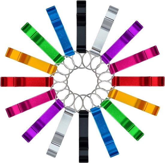 16 pezzi di apribottiglie in metallo in 8 colori, clessidra per aprire bottiglie, apribottiglie in bulk, sacchetto di alluminio, maniglia per aprire bottiglie, apribottiglie per bottiglie di birra e frizzante.