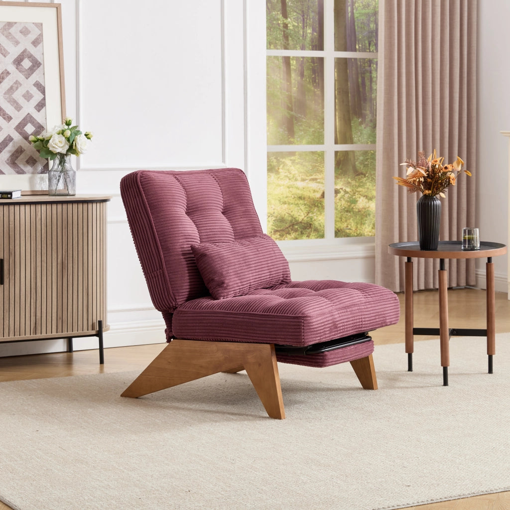 OKWISH Poltrona Relax in Velluto a Coste, Schienale Regolabile con Cuscino Lombare e Gambe in Legno Massello, Rosso Vino