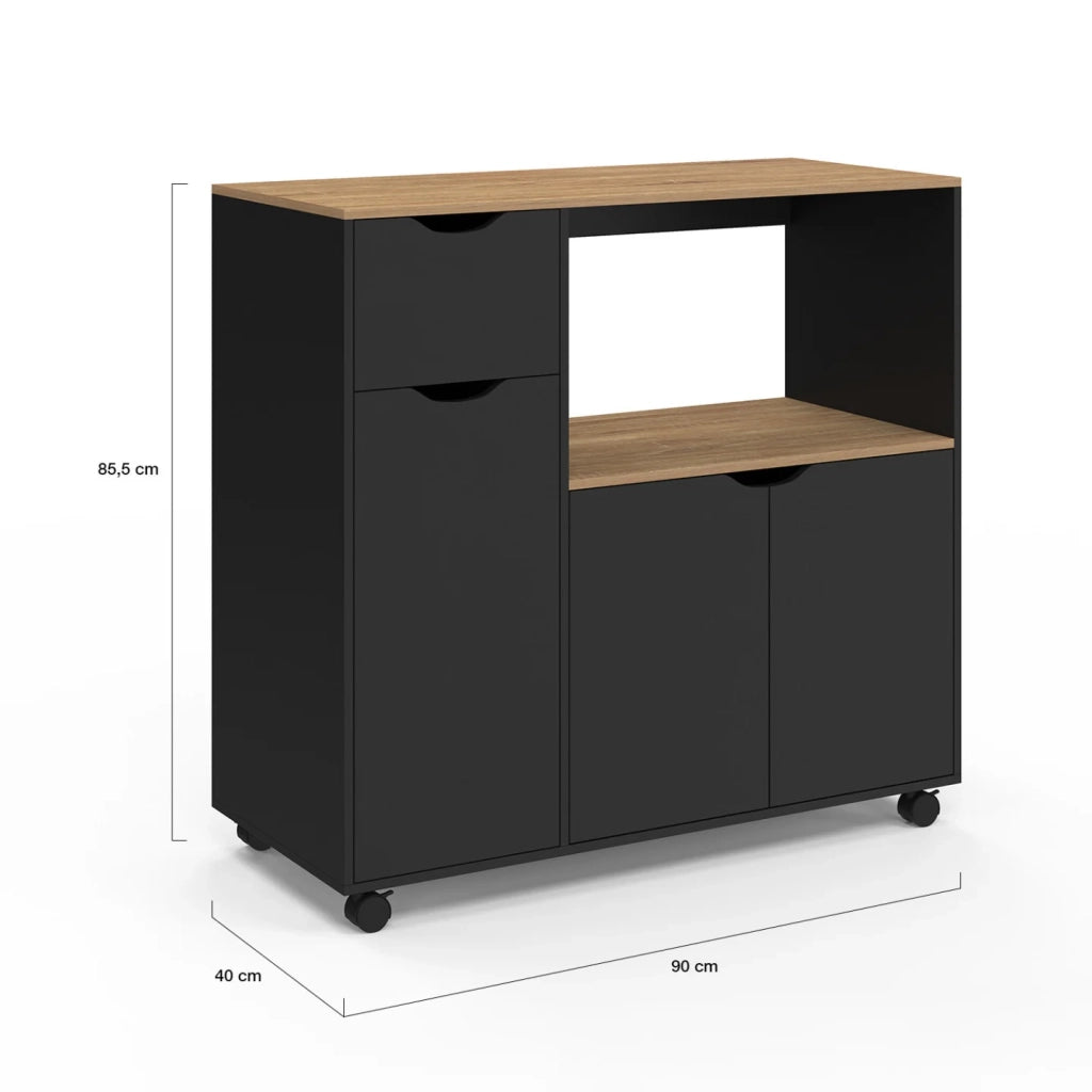 IDMarket - Credenza COSI XXL per microonde con cassetto in legno nero e ripiani in faggio L.90 cm