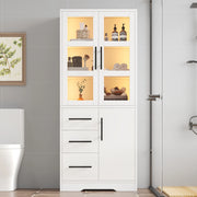 Armadietto Bagno con LED ¨C MINIMAL ¨C Bianco, 3 Cassetti, Ante Vetro, 72x35x170 cm