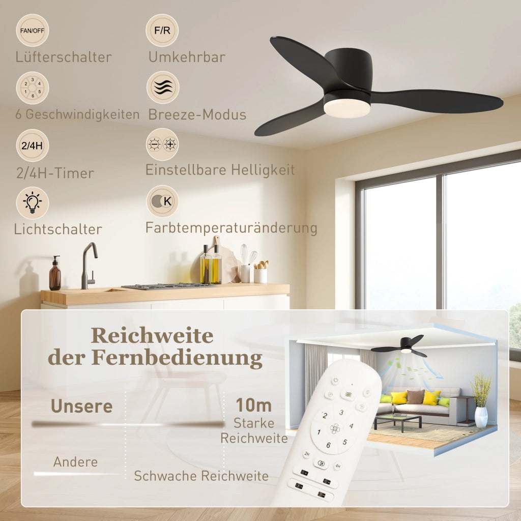 Ventilatore da Soffitto con Luce e Telecomando ¨C Zephmum ¨C Nero, 3 Colori Luce, 6 Velocit¨¤