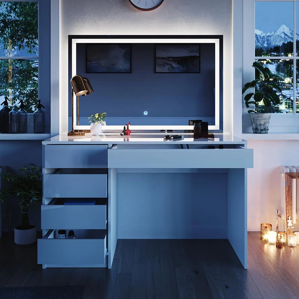 Tavolo da toeletta Sherry, Bianco, 120 cm con illuminazione a LED, con illuminazione LED e grande specchio rettangolare